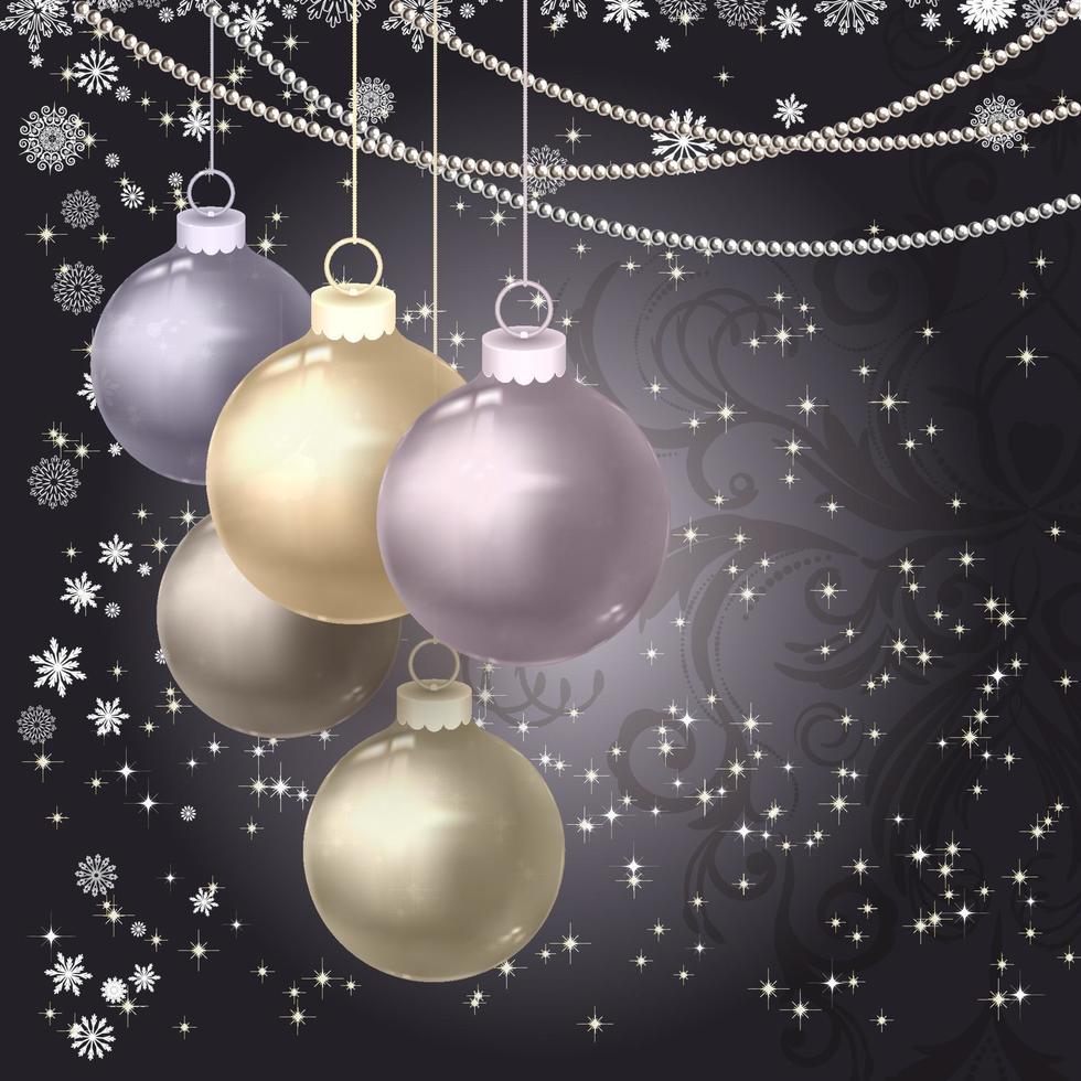 jul bollar, pärlor, snöflingor på en mörk magi bakgrund. vektor illustration.