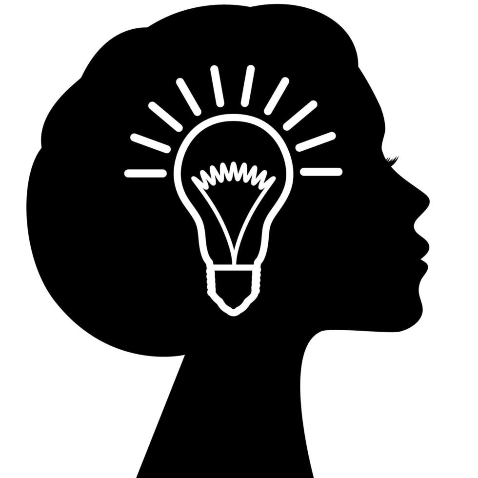 Glühbirne im Profil des Kopfes einer schönen Frau. konzept für brainstorming, ideen, eureka. vektor