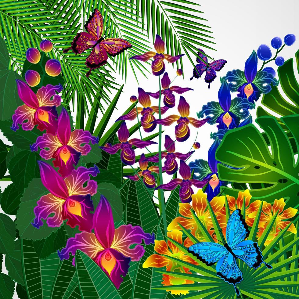 Blumenmuster-Hintergrund. tropische Orchideenblüten, Blätter und Schmetterlinge. vektor