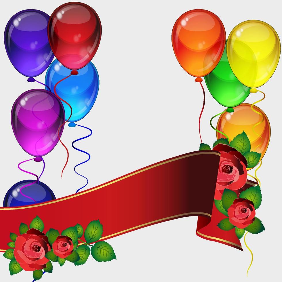 födelsedag fest vektor bakgrund - färgrik festlig ballonger, blommor av rosor, band flygande för fester kort i isolerat vit bakgrund med Plats för du text.