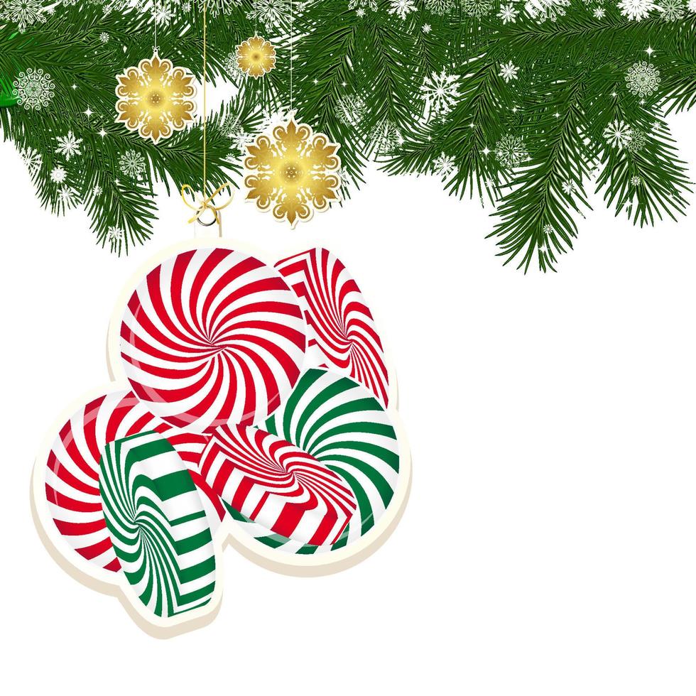 jul bakgrund med jul dekor och grön grenar av jul träd. vektor