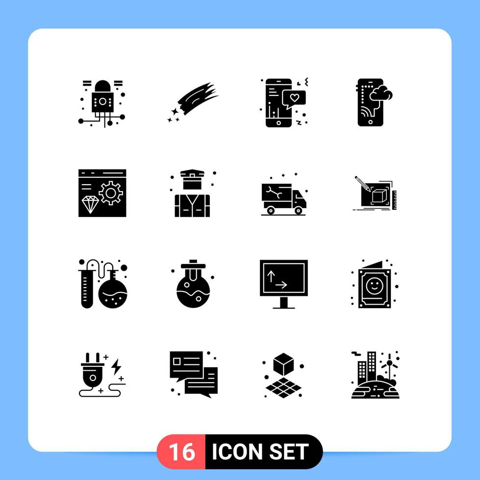 moderner Satz von 16 soliden Glyphen und Symbolen wie App Mobile Comet Connection Text editierbare Vektordesign-Elemente vektor