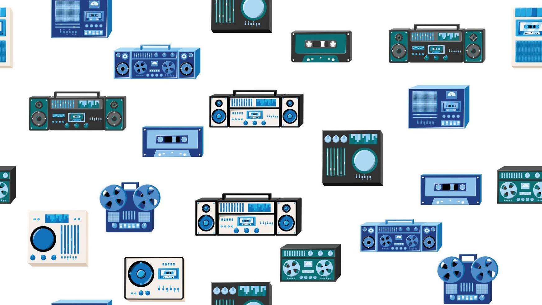 sömlös mönster ändlös med musik audio tech elektronik Utrustning gammal retro årgång hipster från 70-talet, 80-tal, 90s isolerat på vit bakgrund. vektor illustration