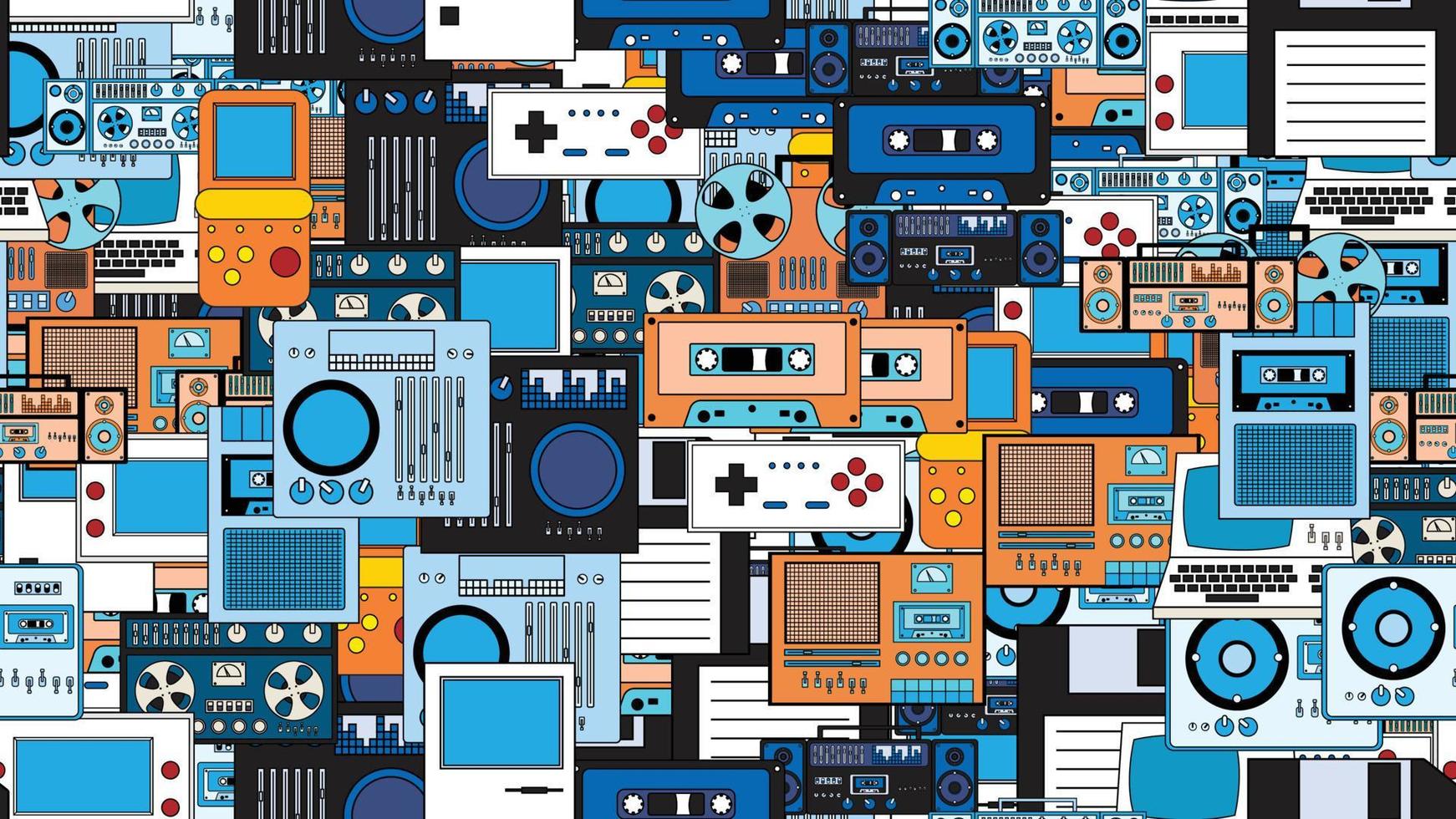 nahtlose Muster endlos mit Tech-Elektronik-Geräten alten Retro-Vintage-Hipster aus den 70er, 80er, 90er Jahren isoliert auf weißem Hintergrund. Vektor-Illustration vektor