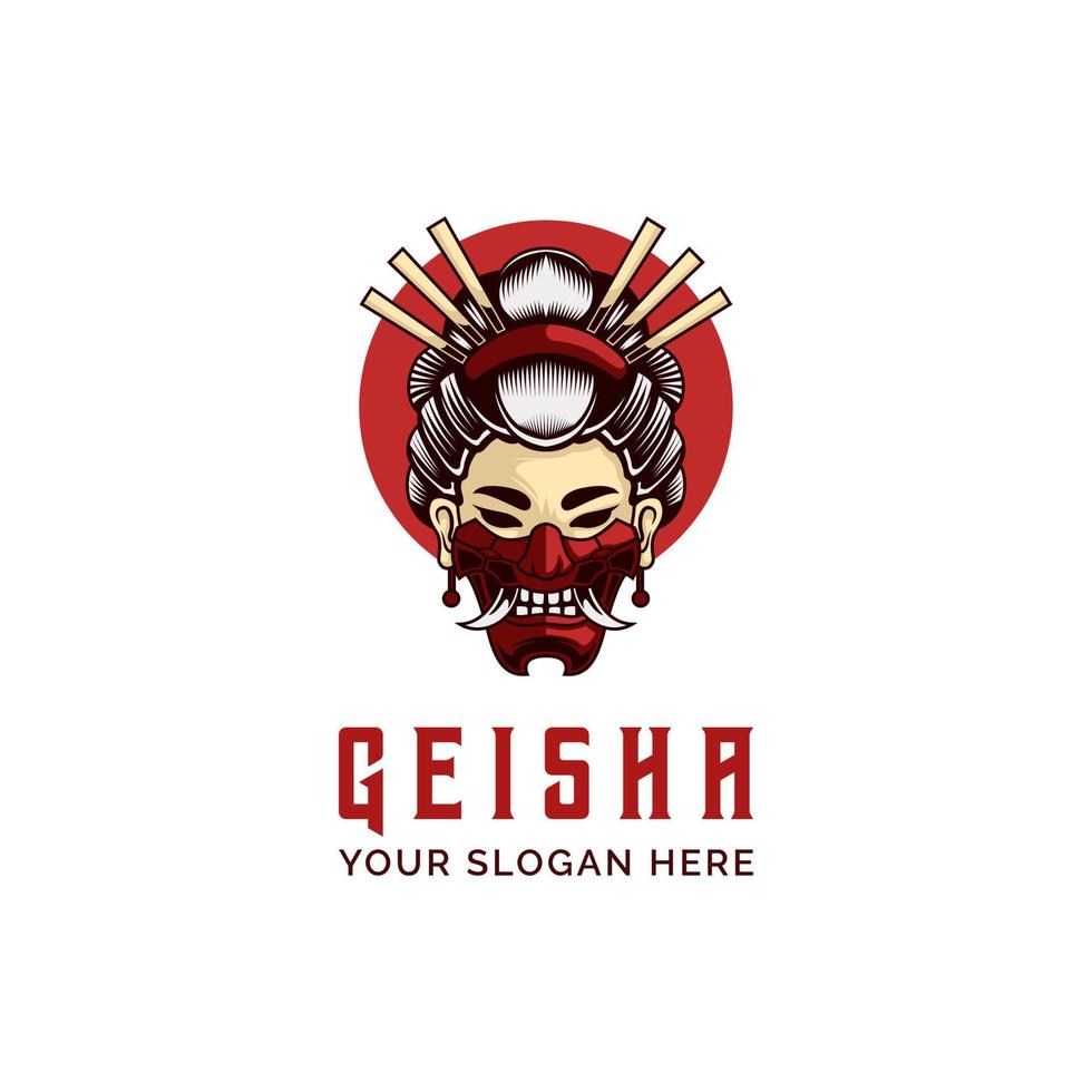 geisha mit hanya-maske samurai-krieger-logo vintage-vektorillustration vektor