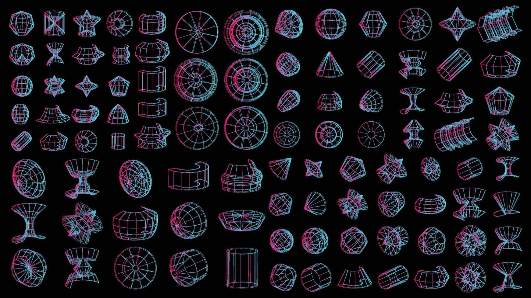 Reihe abstrakter geometrischer Technologieelemente im Cyberpunk-Stil. retro vintage sammlung 3d virtuelles digitales design. Textur 80er vr. futuristisches metaverse-muster. Vektor isolierter Vorlagenhintergrund