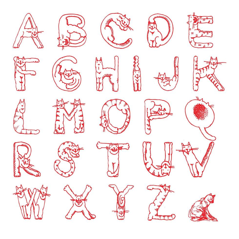 Katzen-Alphabet-Vektor-Design-Set. Katzenschrift, süßes rotes und weißes Alphabet, Zahlen. kreative Reihe von Charakteren, Kätzchen in verschiedenen Posen. vektor