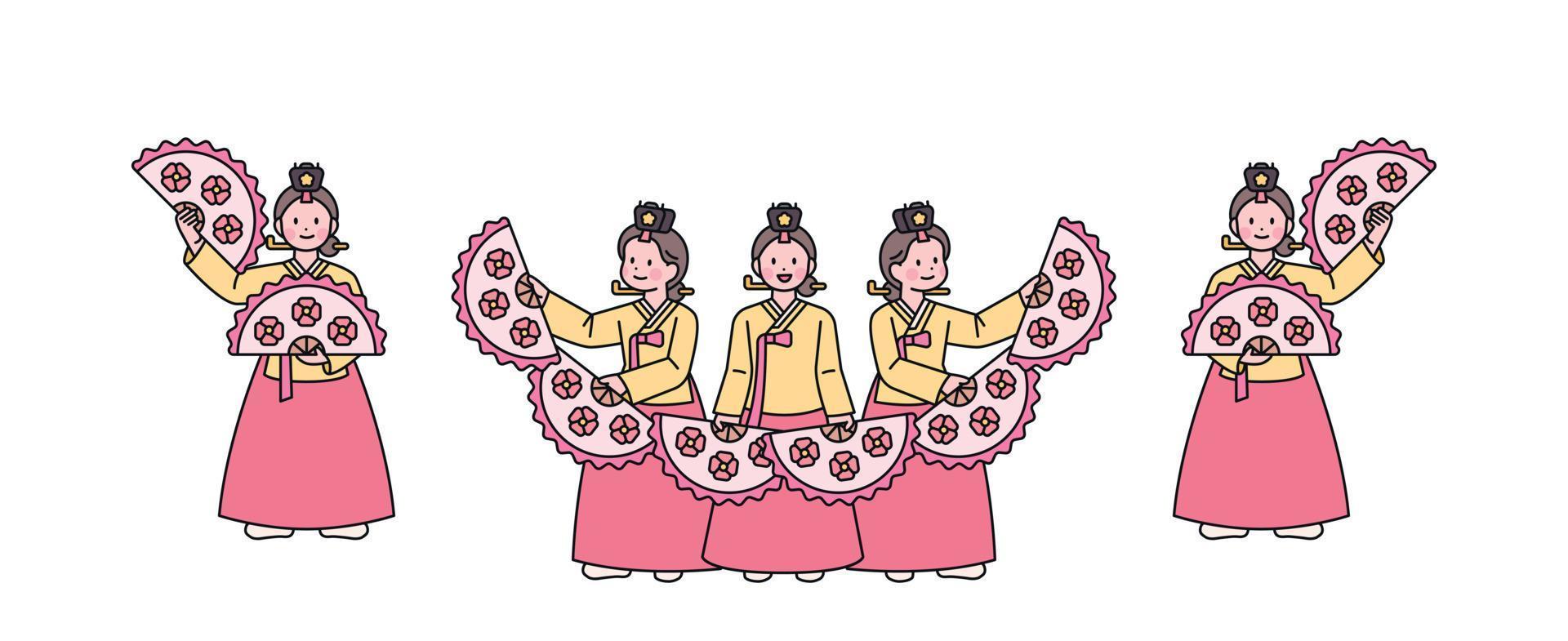 koreanska traditionell dansa. dansare bär hanbok prestera en skön fläkt dansa. vektor