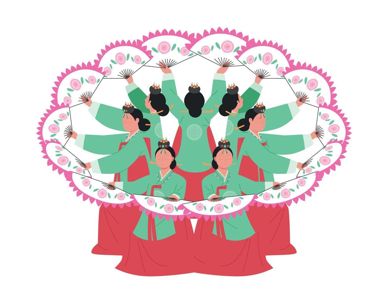 koreanska traditionell dansa. kvinnor bär hanbok är dans medan framställning cirklar med fans. vektor