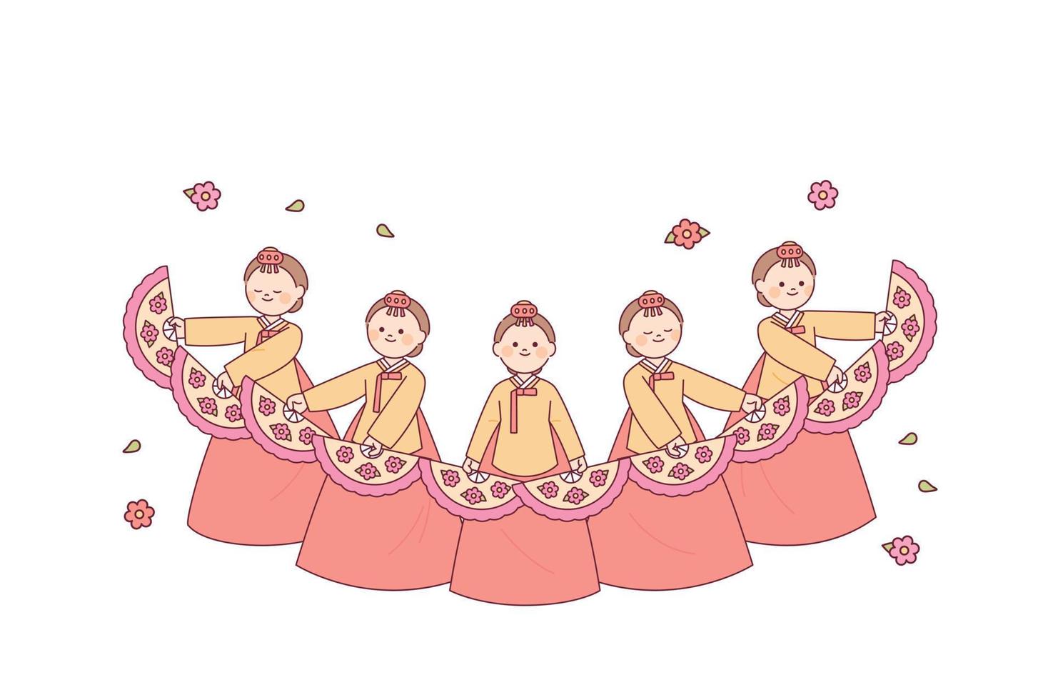 koreanischer traditioneller tanz. schöner Fächertanz von Frauen, die Hanbok tragen. vektor