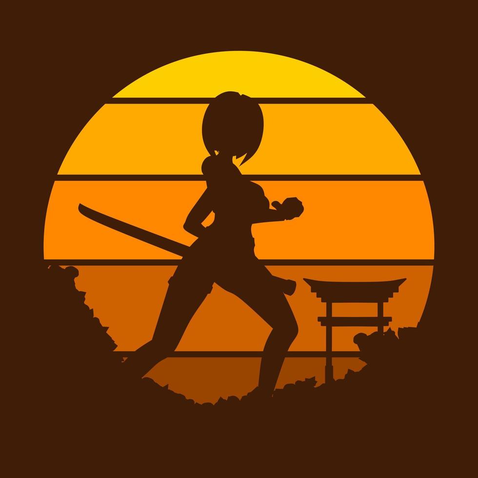 samurai japan schwert ritter vektor logo farbenfrohes design auf sonnenuntergang. isolierter hintergrund für t-shirt, poster, kleidung, merch, bekleidung, abzeichendesign.