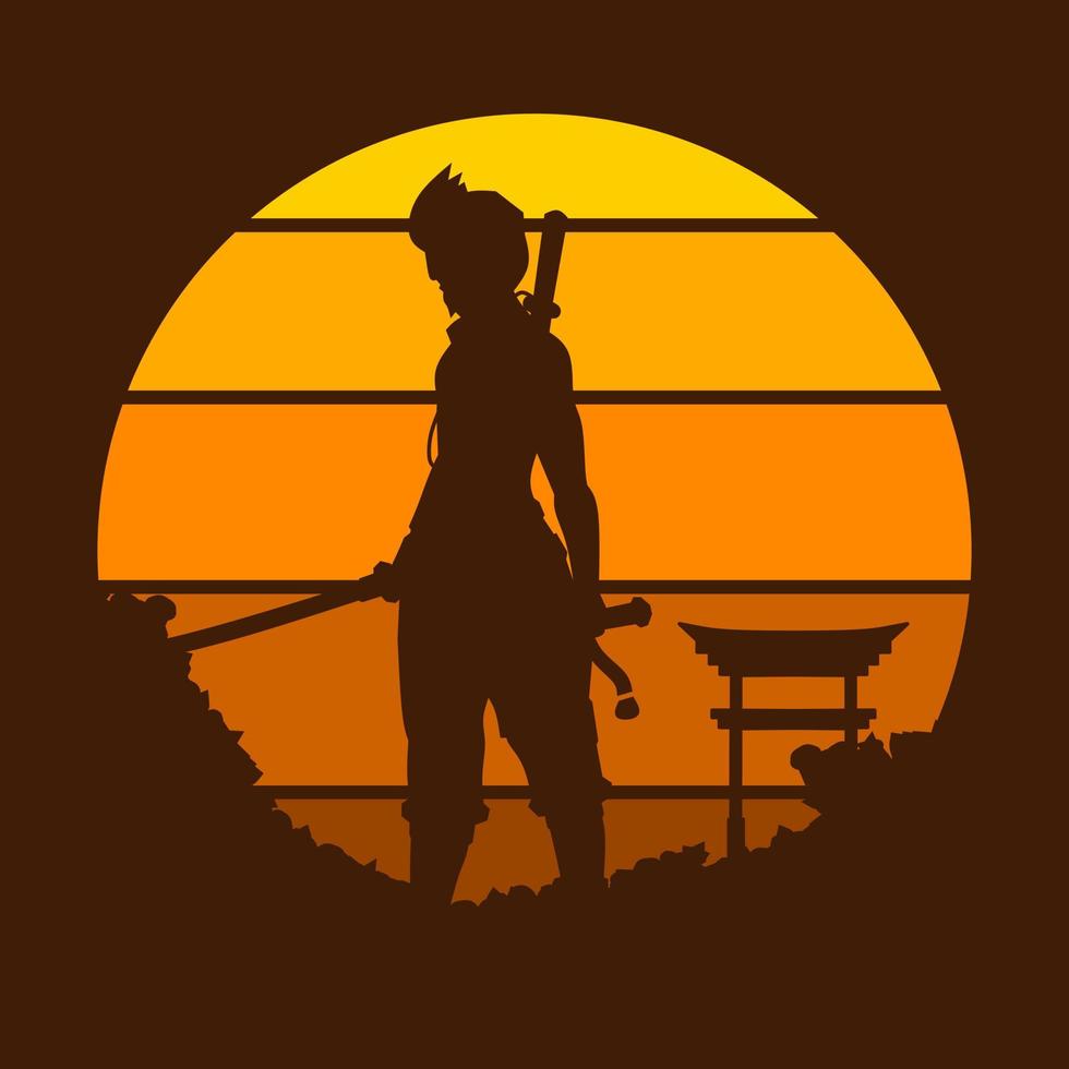 samuraj japan svärd riddare vektor logotyp på cirkel solnedgång. krigare bakgrund för t-shirt, affisch, Kläder, varor, kläder, bricka design.
