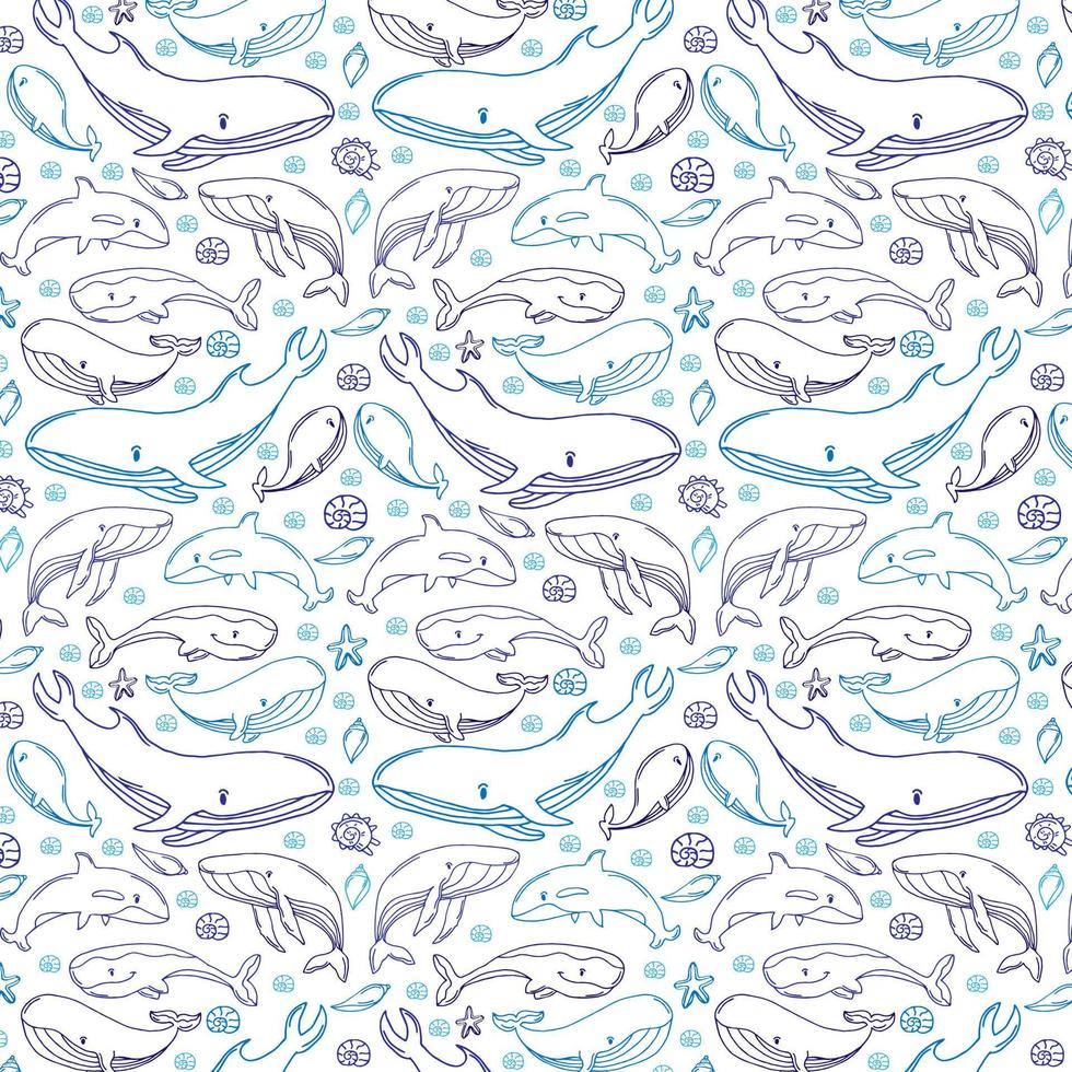 mönster av blå valar med snäckskal och stjärnor. barn dukar, bakgrund, mönster, design, tyg. vektor