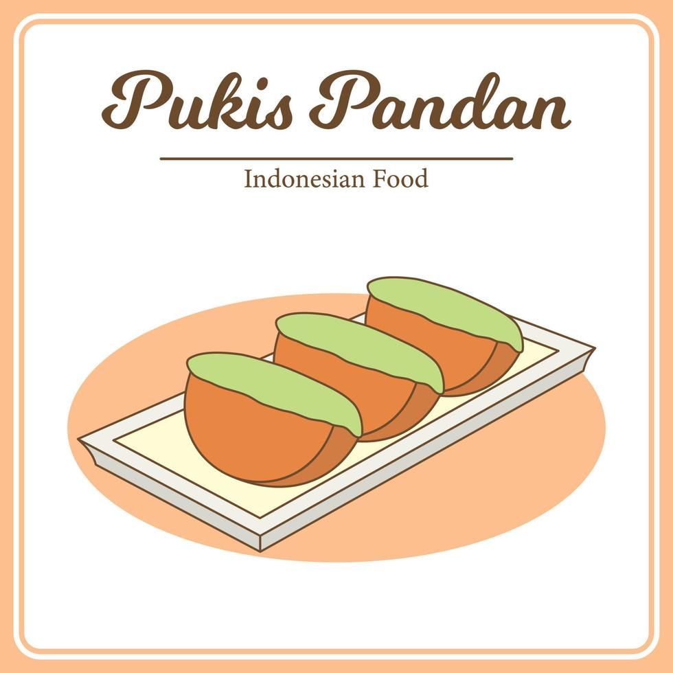 hand dragen av traditionell indonesiska mat kallad kue pukis pandan. utsökt asiatisk mat klotter vektor