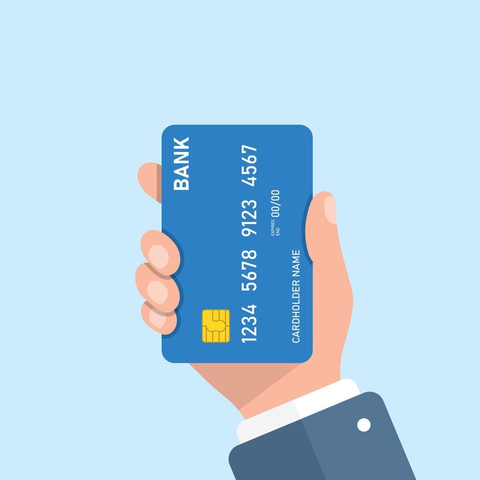 kreditera kort i hand illustration i platt stil. uppkopplad betalning vektor illustration på isolerat bakgrund. bank tecken företag begrepp.