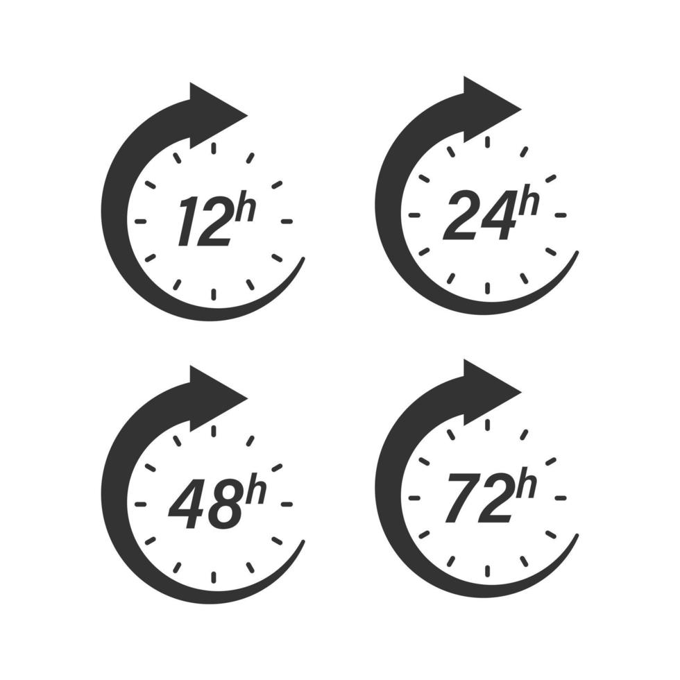 12, 24, 48 und 72 Stunden Uhrensymbol im flachen Stil. Timer-Countdown-Vektorillustration auf isoliertem Hintergrund. Lieferservice Zeitzeichen Geschäftskonzept. vektor