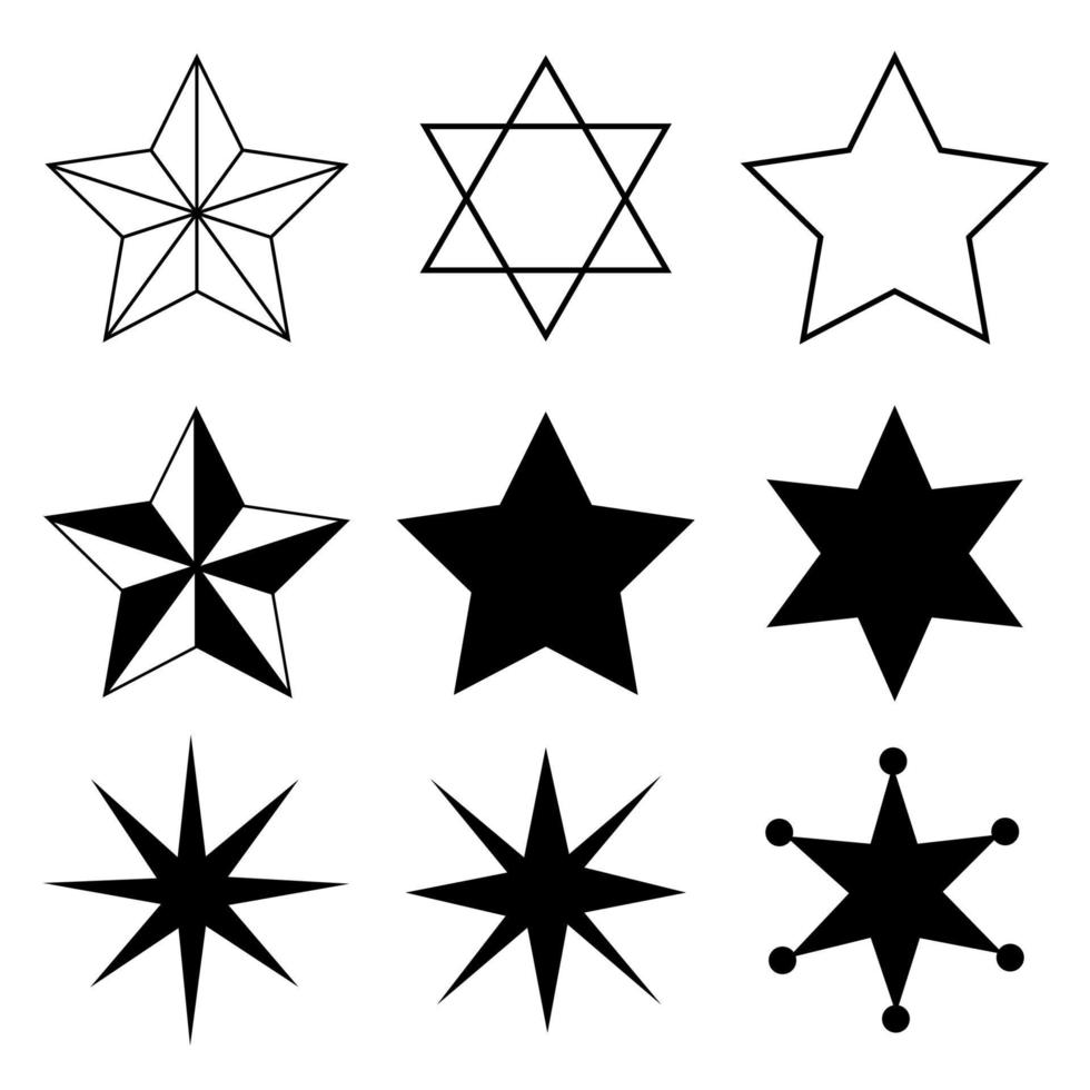 Sterne-Variationsset. fünfzackiger Stern, Davidstern. isolierte Vektorsterne. vektor