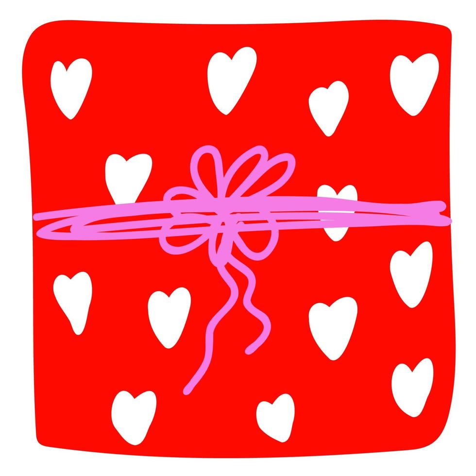 handgezeichnete geschenkbox zum valentinstag mit band und herzen, draufsichtillustration, silhouette des romantischen geschenks des urlaubs, element für geburtstagsdekoration, planer, hochzeitsfeier vektor