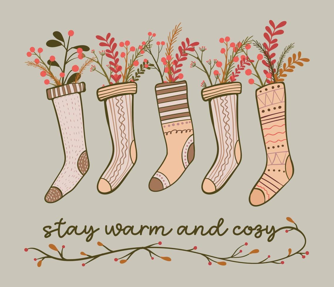 bequeme socken für die herbstsaison mit blumen- und zitat bleiben warm und gemütlich kompositionsdesign-vektorillustration vektor