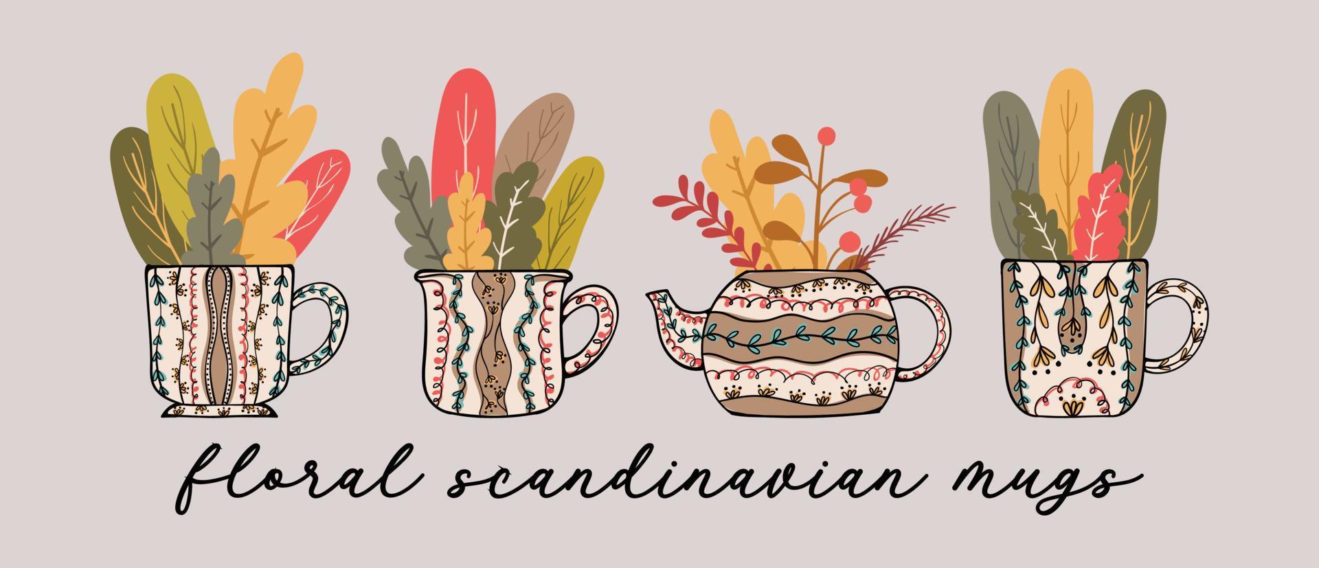 Skandinavische Blumenbecher Kaffee- und Teetassen im Retro-Stil Vektorillustration 01 vektor