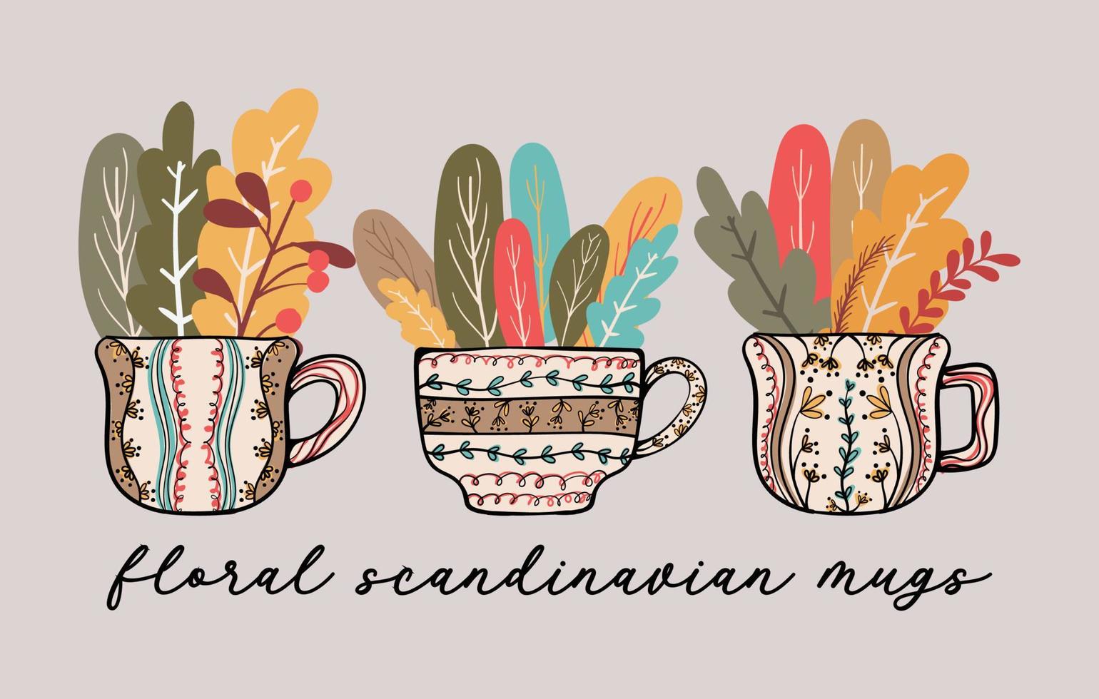 Skandinavische Blumenbecher Kaffee- und Teetassen im Retro-Stil Vektorillustration 03 vektor