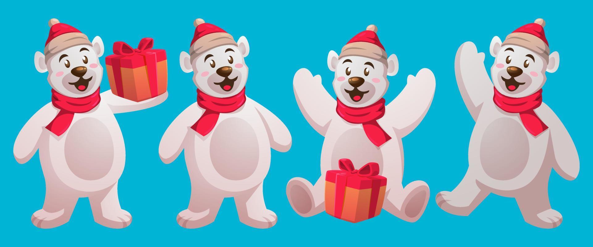 polär björnar jul tecken uppsättning med santa hatt, gåva och halsdukar vektor