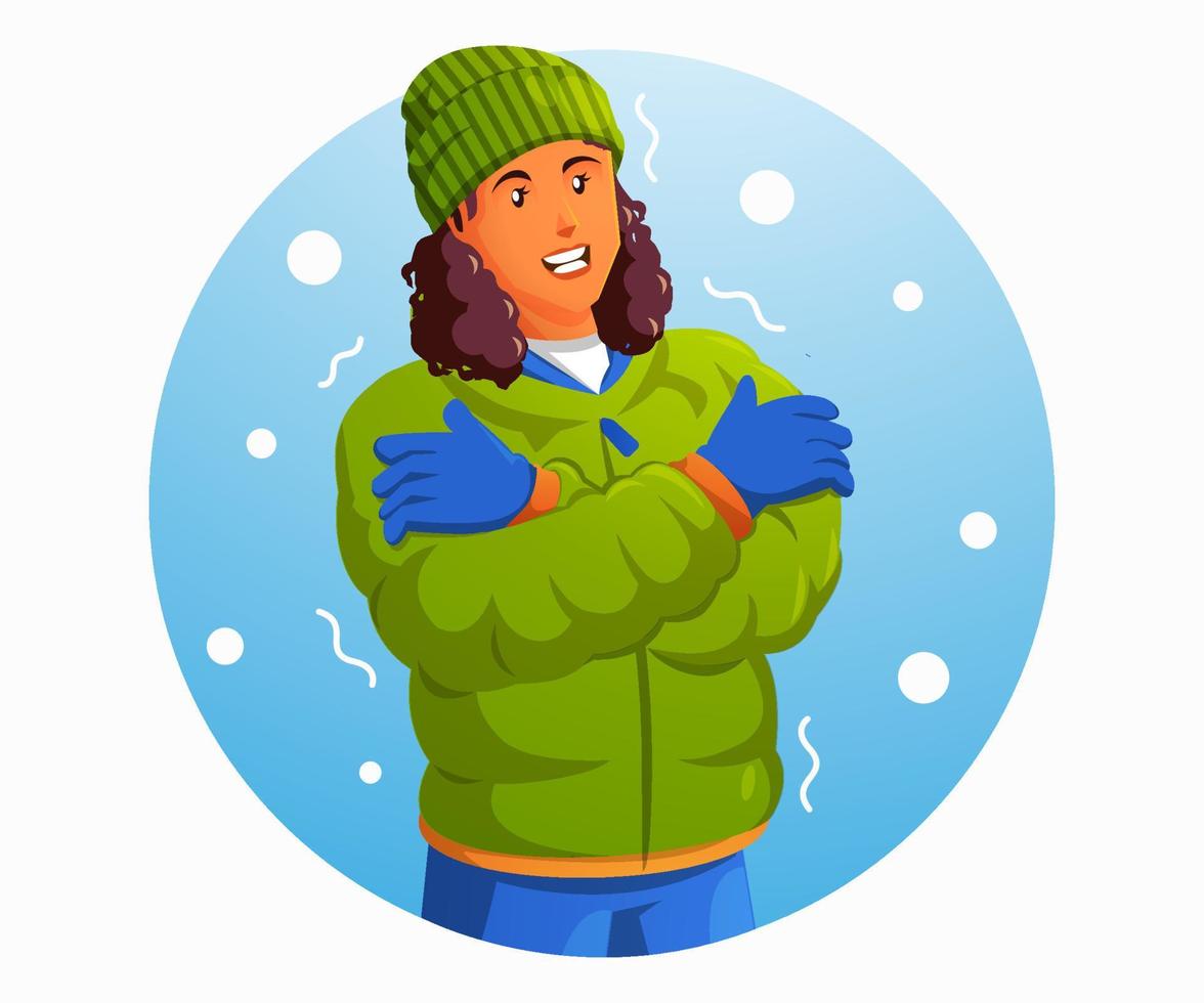 en kvinna känsla kall och bär en jacka i vinter- vektor