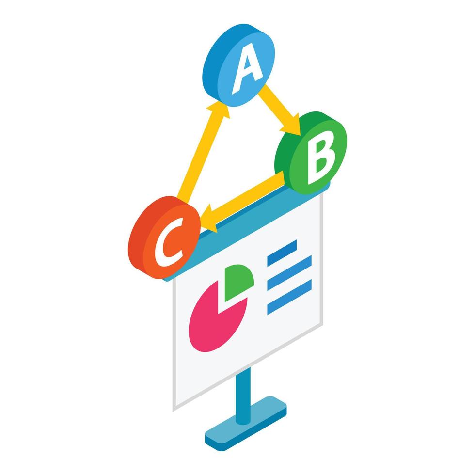 isometrischer vektor der geschäftsplanungsikone. weiße tafel mit kreisdiagramm und punkt abc