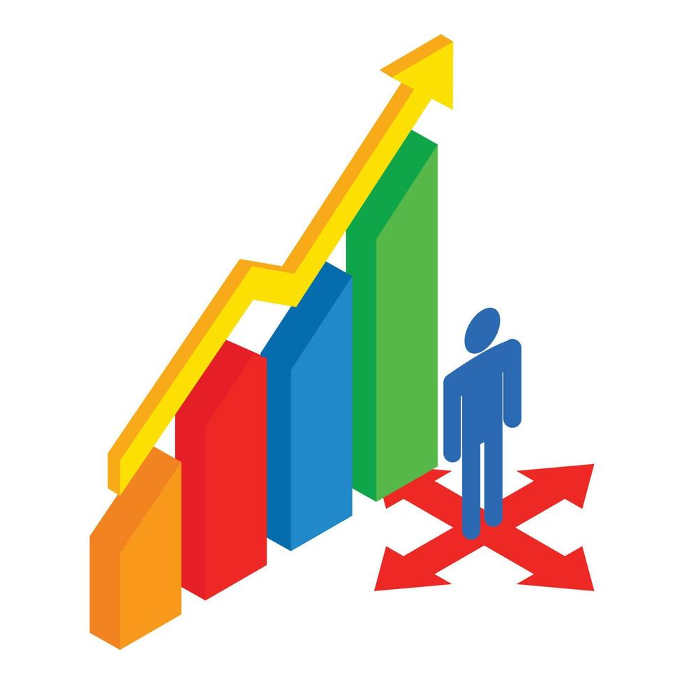 Isometrischer Vektor des Marketingstrategie-Symbols. Personensymbol Richtung und Wachstumsdiagramm