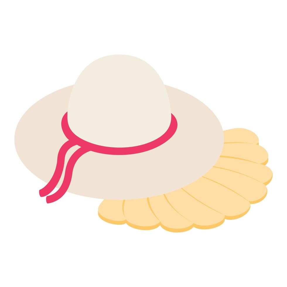 strand semester ikon isometrisk vektor. vit kvinna Sol hatt och kammussla snäckskal vektor