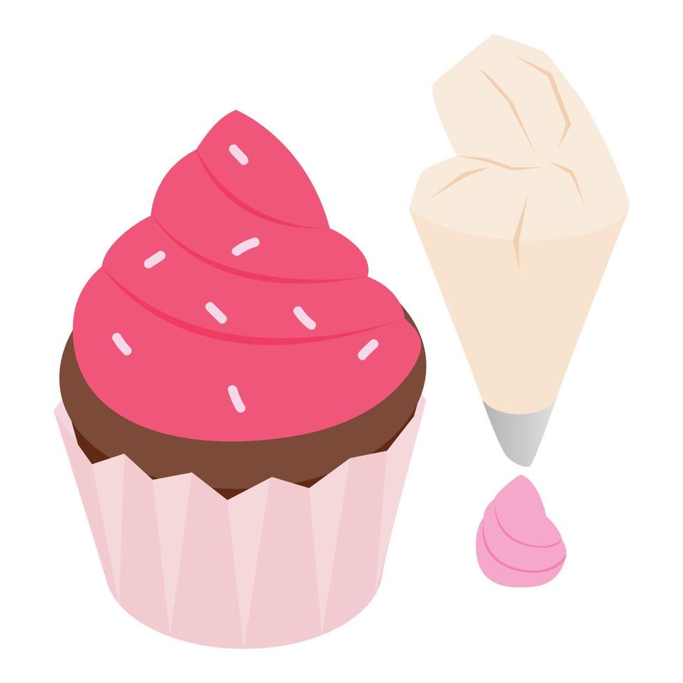 Cupcake Dekoration Symbol isometrischer Vektor. Schokoladen-Cupcake und Spritzbeutel vektor
