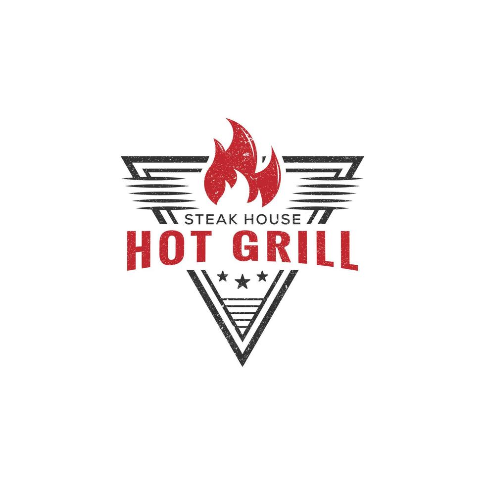 Logo-Designvektor für heißen Grillgrill, Steakhaus-Restaurantzeichensymbol mit rustikalem Vintage-Stil vektor