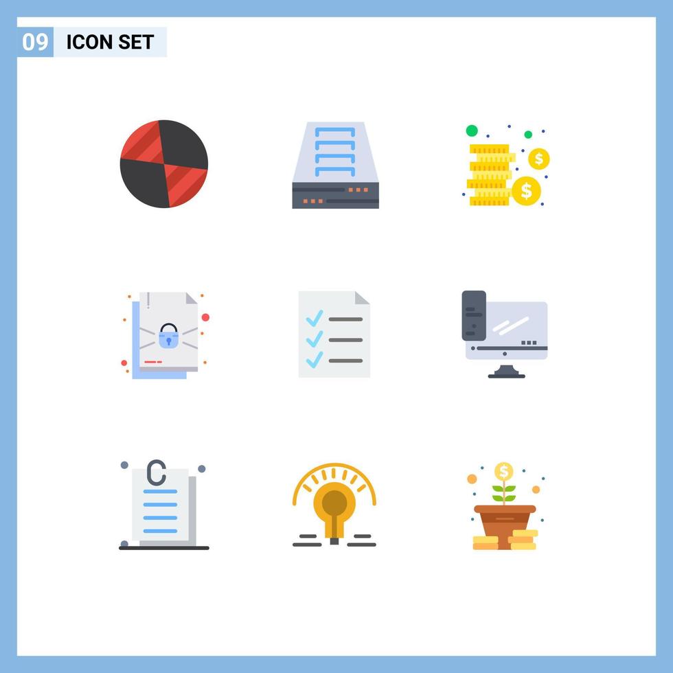 modern uppsättning av 9 platt färger pictograph av övervaka att göra mynt fil skydd redigerbar vektor design element