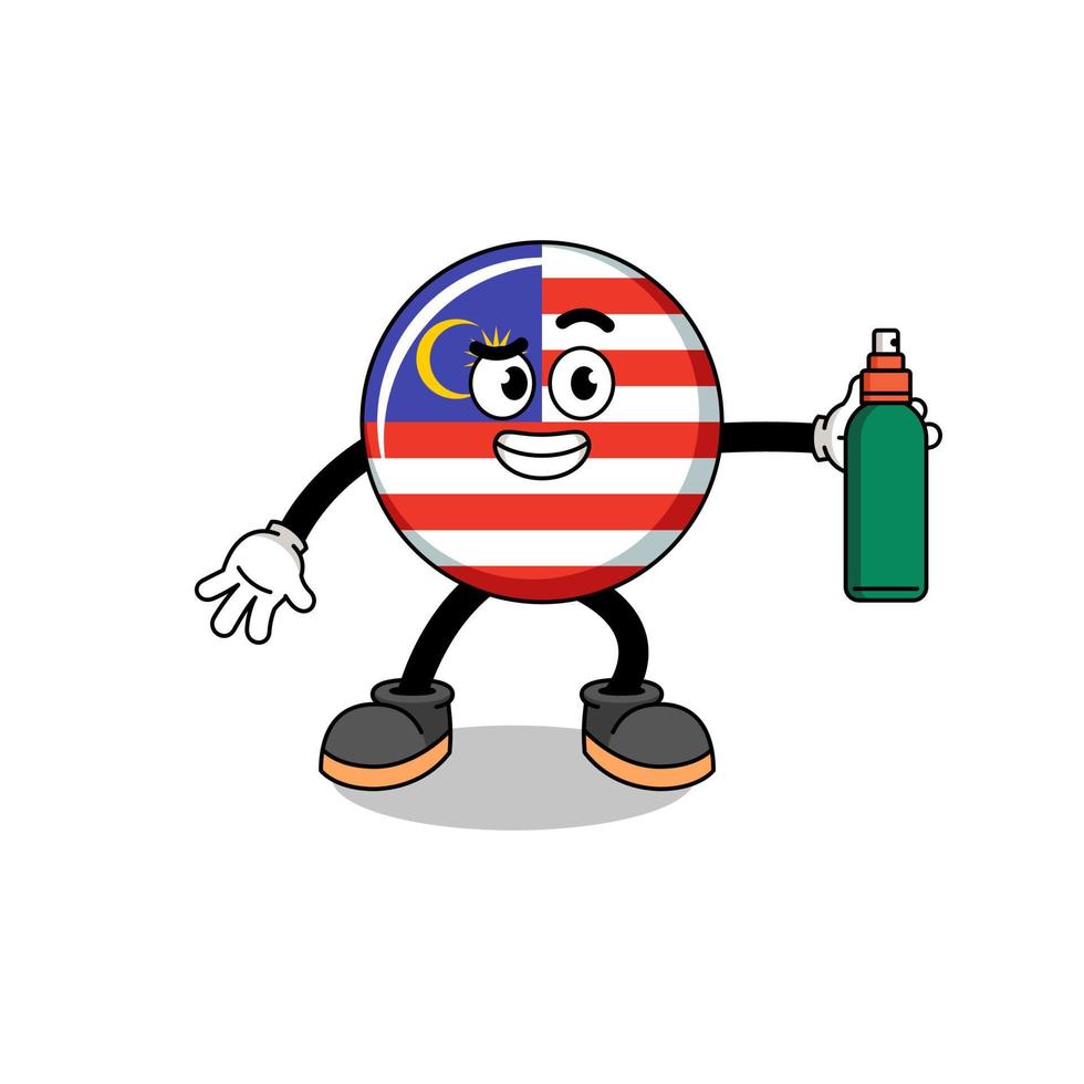 malaysia-flaggenillustrationskarikatur, die mückenschutzmittel hält vektor