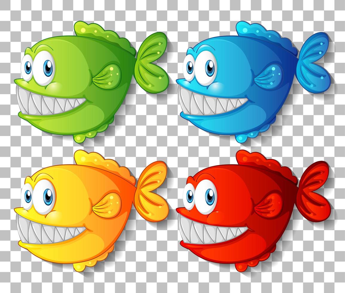 uppsättning olika färger exotiska fisk seriefigurer på transparent bakgrund vektor
