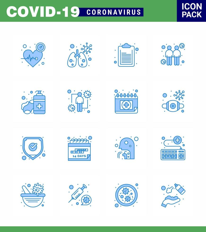 16 blaue Coronavirus-Epidemie-Icon-Packs saugen als Desinfektionsmittel-Seifen-Checklisten-Sender verbreiten virale Coronavirus 2019nov-Krankheitsvektor-Designelemente vektor