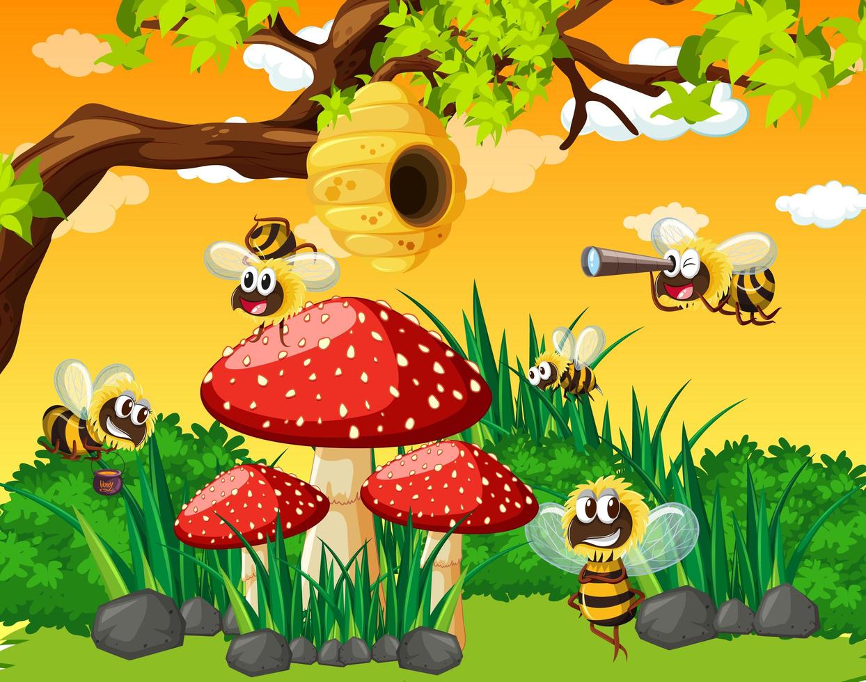 många bin som bor i trädgården med honungskaka vektor