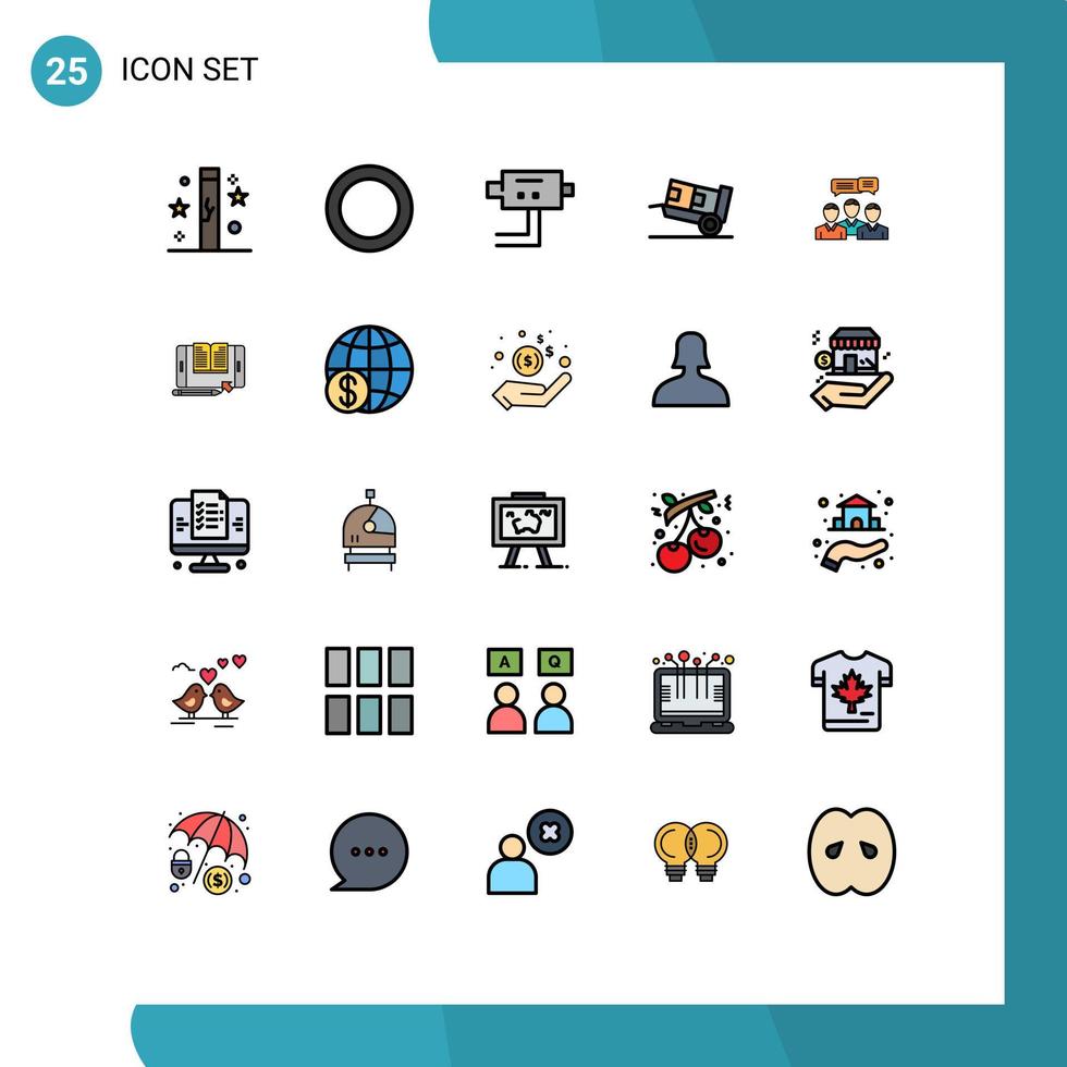 Gruppe von 25 gefüllten flachen Farbzeichen und Symbolen für die Beratung von Chat-Cam-Versand-Handwagen, editierbare Vektordesign-Elemente vektor