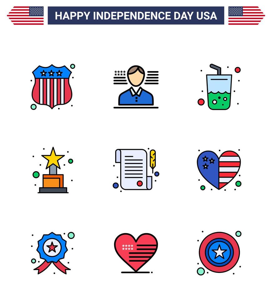 Stock Vector Icon Pack von American Day 9 Zeilenzeichen und Symbolen für Country Day Summer Receipt Trophy editierbare Usa Day Vector Design Elemente