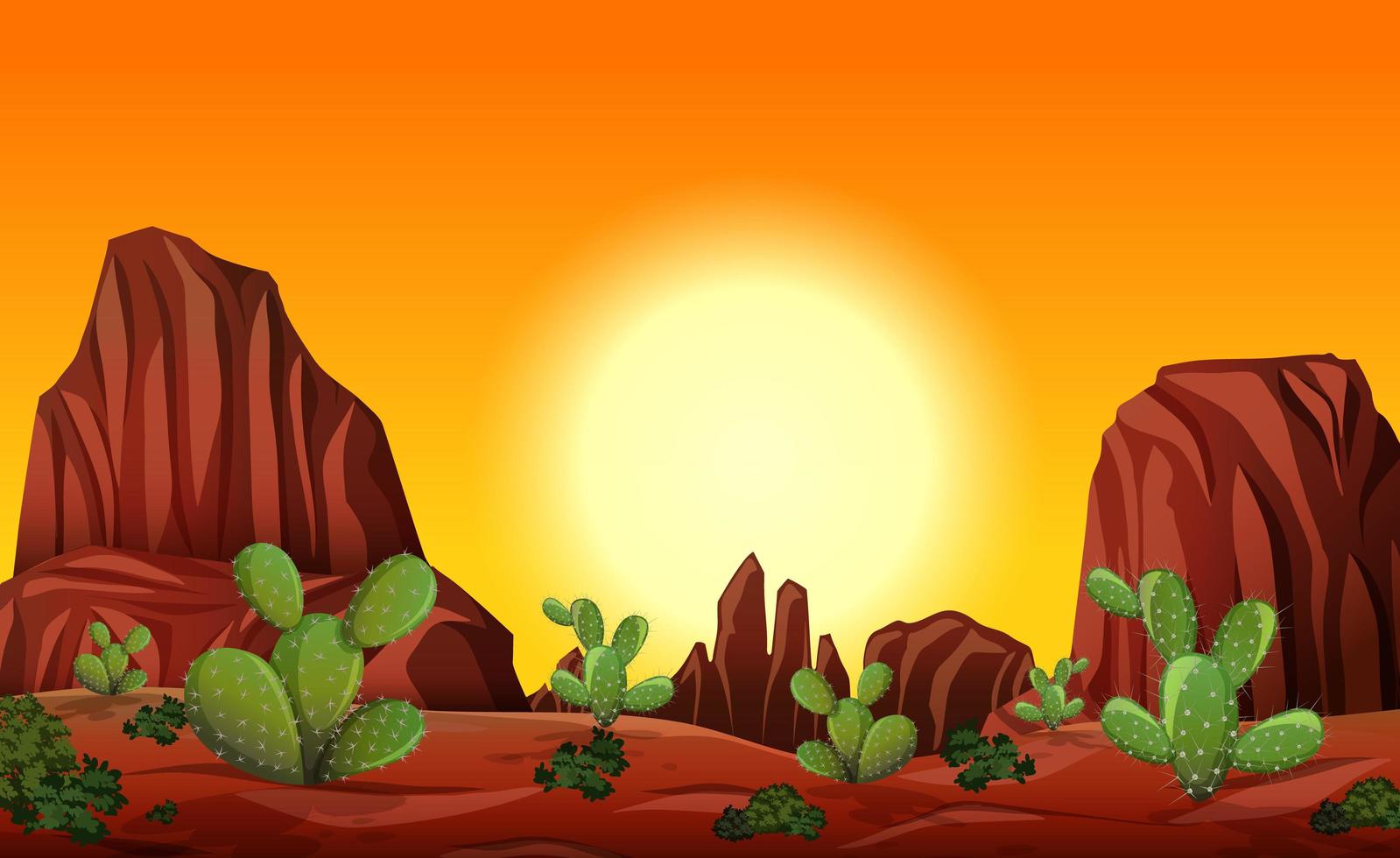 Wüste mit Felsenbergen und Kaktuslandschaft bei Sonnenuntergangsszene vektor