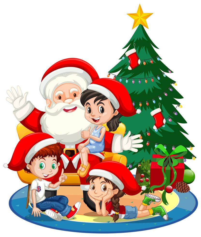 jultomten sitter i ett knä med många barn och julgran på vit bakgrund vektor