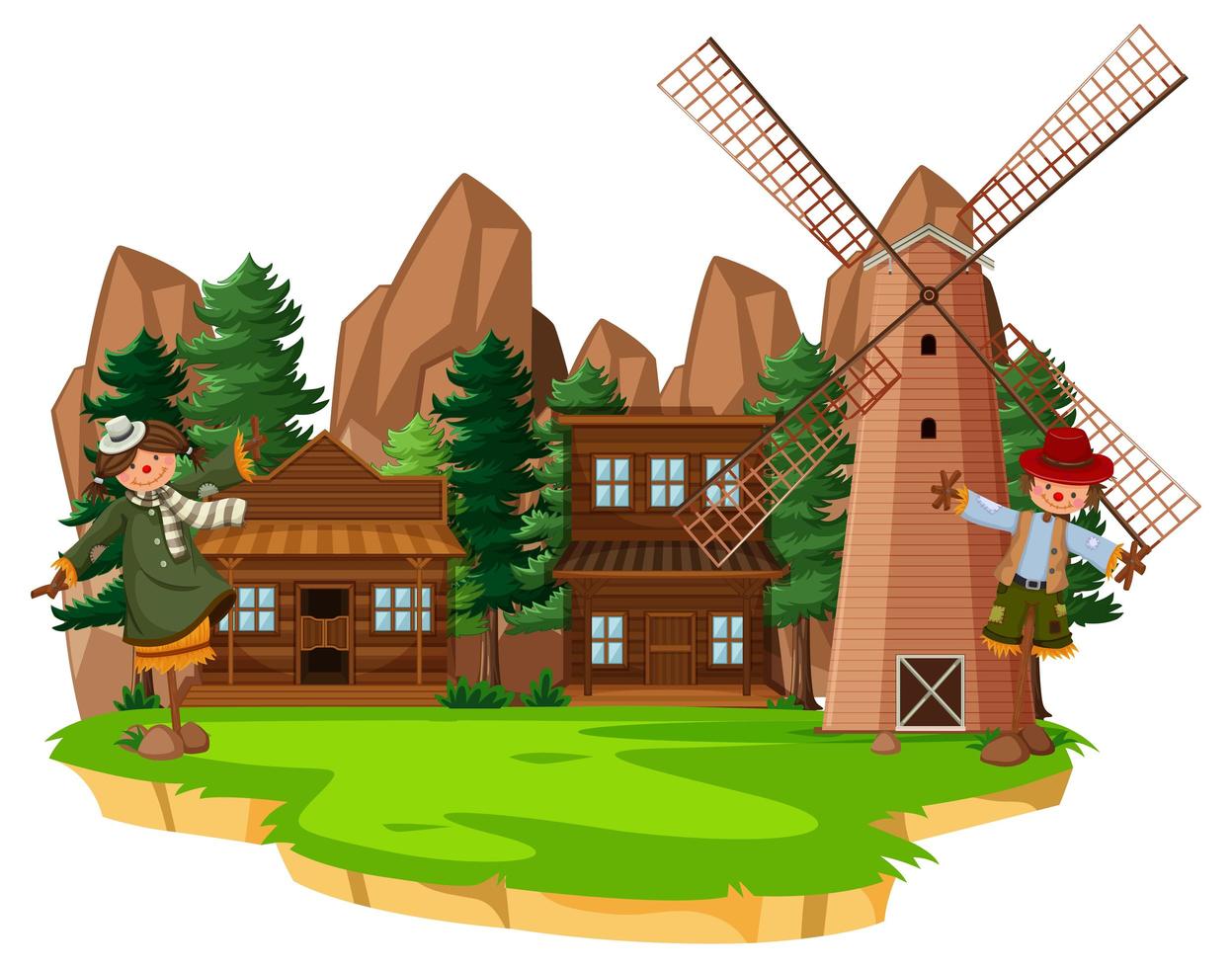 Bauernhof mit roter Scheune und Windmühle auf weißem Hintergrund vektor