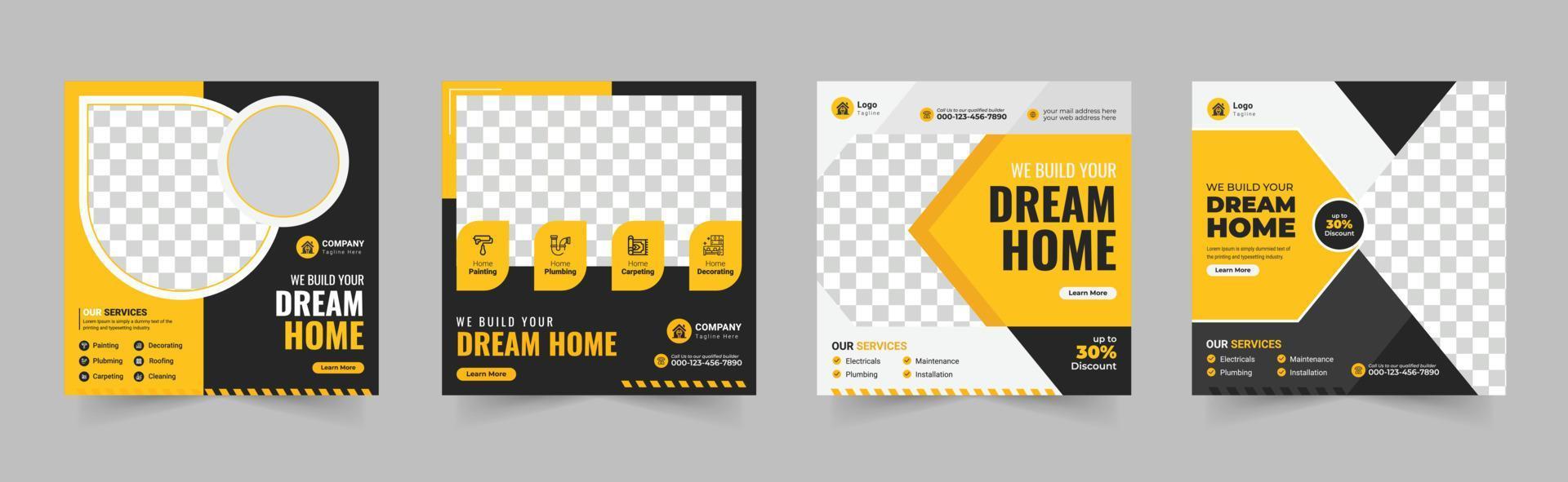 Bau-Social-Media-Post-Banner, Klempner-Service-Social-Media-Web-Banner, Hausreparatur-Social-Media-Post-Design, Renovierungshandwerker-Heimreparatur-Banner vektor