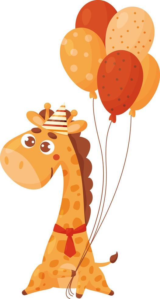 söt giraff i födelsedag hatt med ballonger vektor