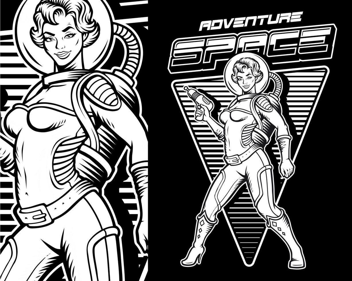 svartvit årgång illustration på de tema av Plats med en stift upp flicka astronaut kostym vektor