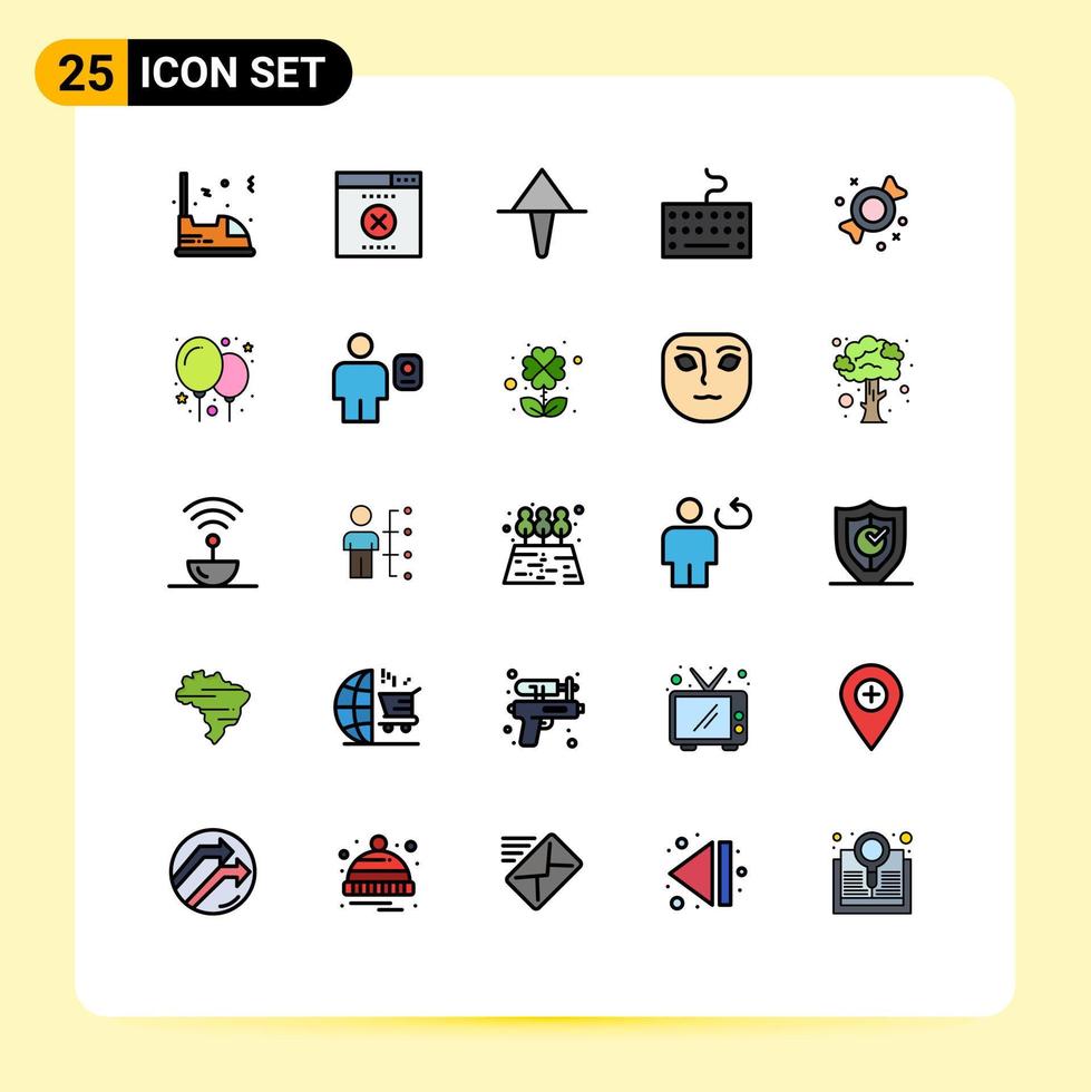mobile schnittstelle gefüllt linie flache farbe satz von 25 piktogrammen von ballon süßigkeiten pfeil bonbon tastatur editierbare vektorgestaltungselemente vektor