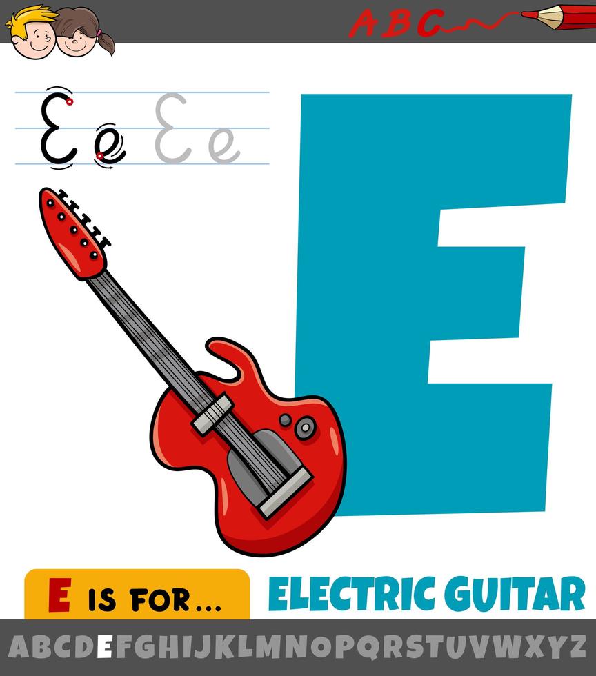 Buchstabe e aus dem Alphabet mit Cartoon-E-Gitarre vektor