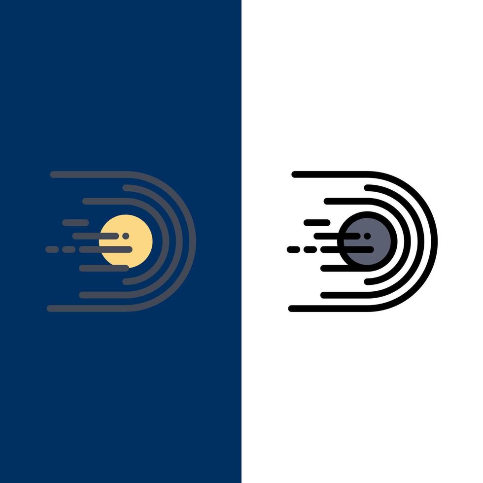 Asteroid Komet Flug Licht Raum Symbole flach und Linie gefüllt Icon Set Vektor blauen Hintergrund