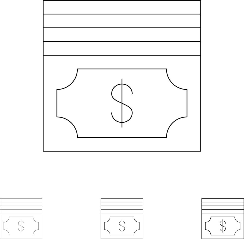kontanter dollar pengar djärv och tunn svart linje ikon uppsättning vektor