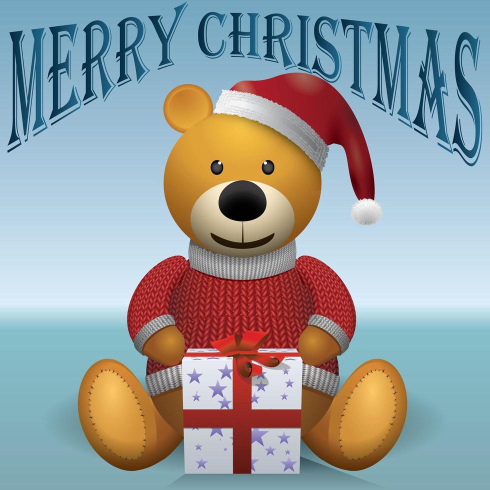 Teddybär mit Geschenk. Text frohe Weihnachten vektor